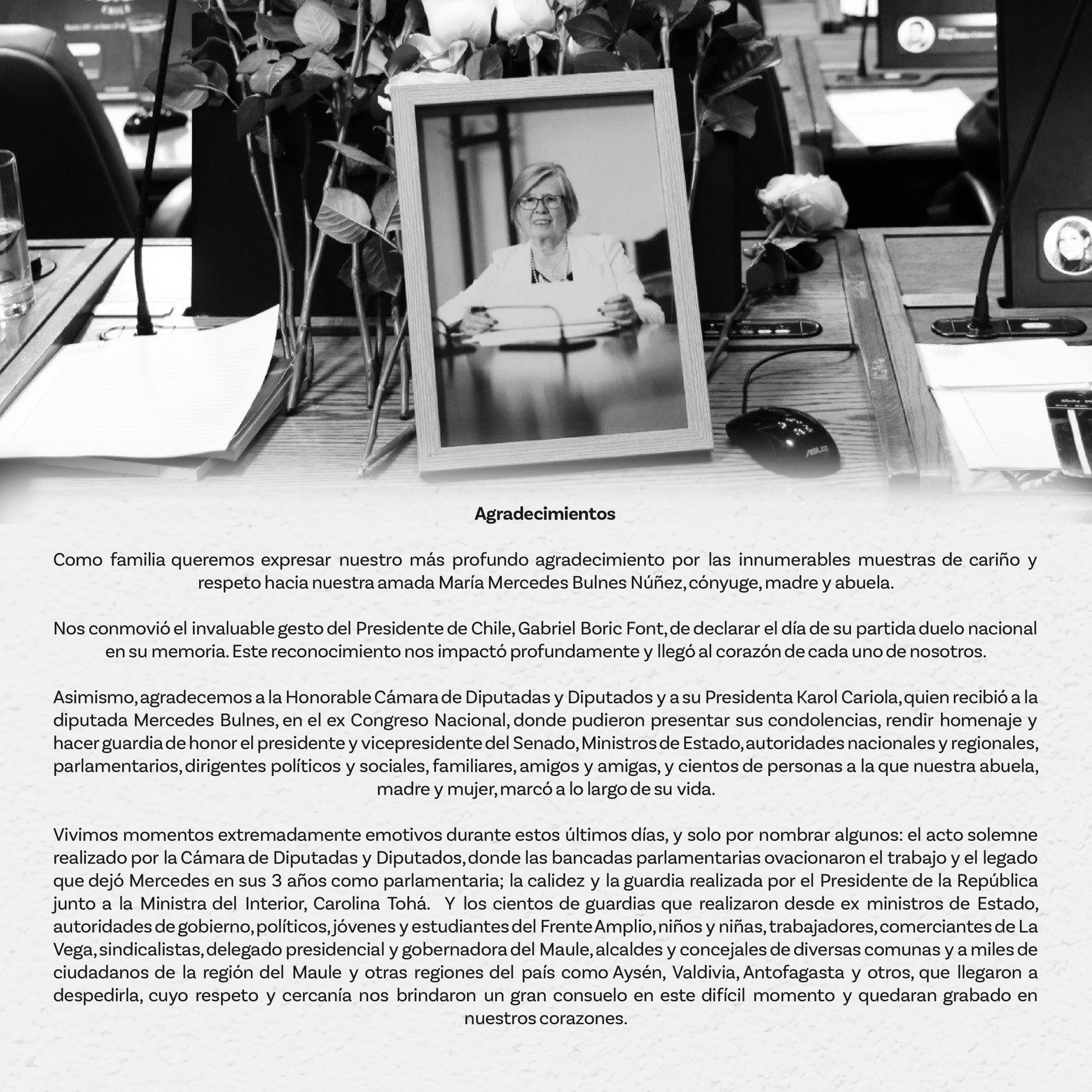 La familia de Mercedes Bulnes expresa su gratitud por las muestras de cariño y apoyo recibidas.