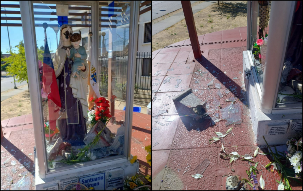 Vandalizan la estatua de la Virgen del Carmen en Talca.