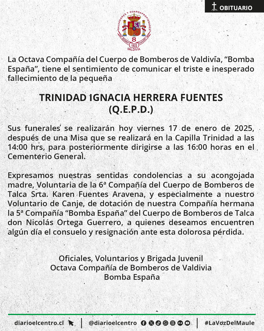 Se informa sobre el fallecimiento de Trinidad Ignacia Herrera Fuentes (Q.E.P.D.).