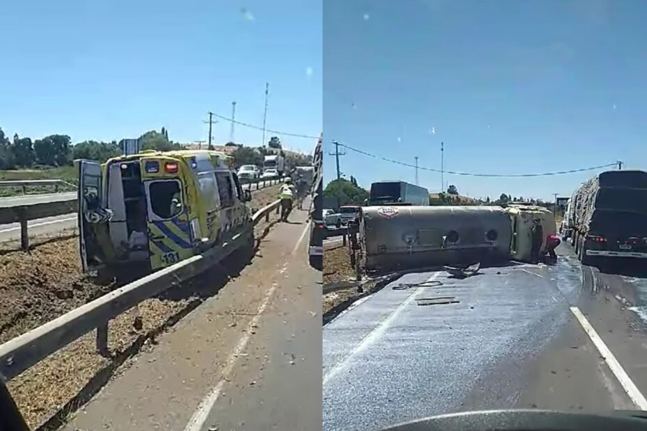 Accidente en la Ruta 5 Sur: Camiones y una ambulancia se vieron involucrados, y un camión lechero terminó volcado.