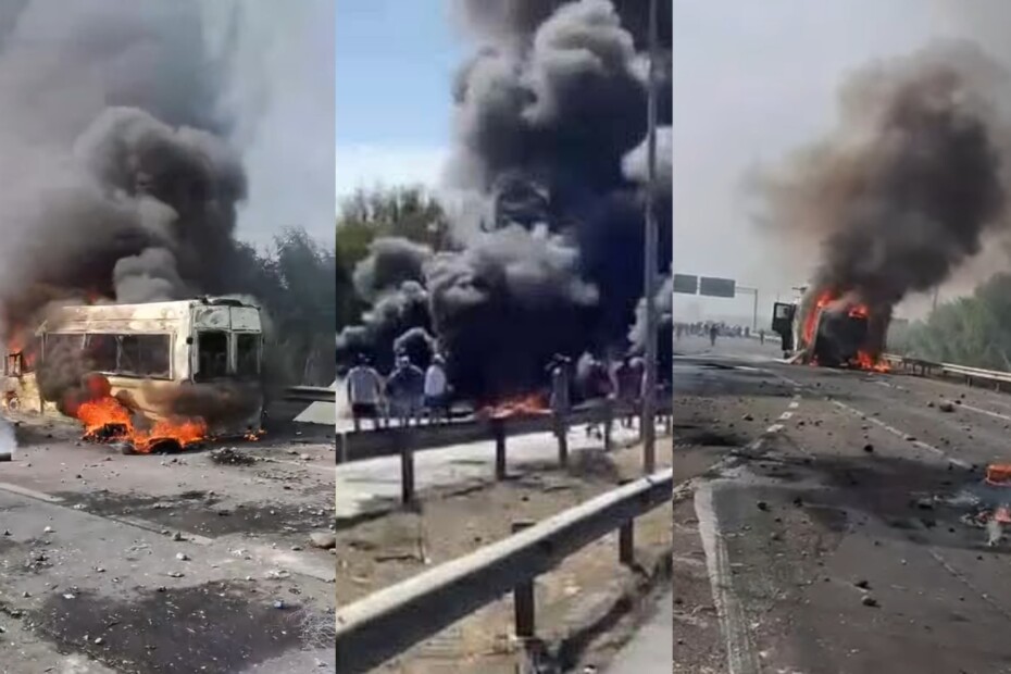 Enfrentamientos violentos y bloqueo de la Ruta 5 Sur en El Maule: un carro lanzagases y un furgón de Carabineros fueron incendiados.
