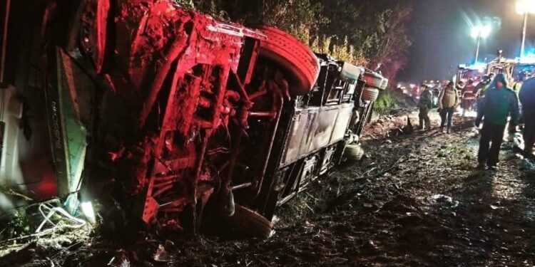 Bus se volcó en el kilómetro 742 de la Ruta 5 Sur.