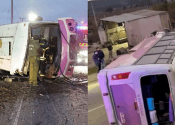 Volcamiento de bus en la Ruta 160 deja un muerto y varios heridos en Arauco.