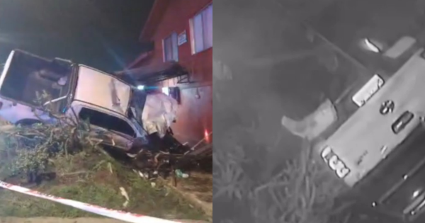 Increíble volcamiento en Macul: camioneta rompe cerco y se mete en una casa.