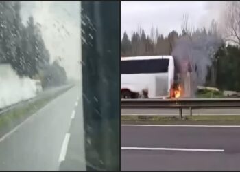 Captan un bus transitando por la ruta 5 Sur cerca de Cabrero mientras se incendiaba.