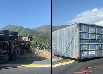 Camión volcado genera corte de ruta en la Cuesta La Dormida de TilTil.