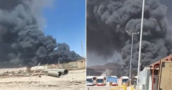 Gran incendio afecta a la minera Lomas Bayas en Antofagasta.