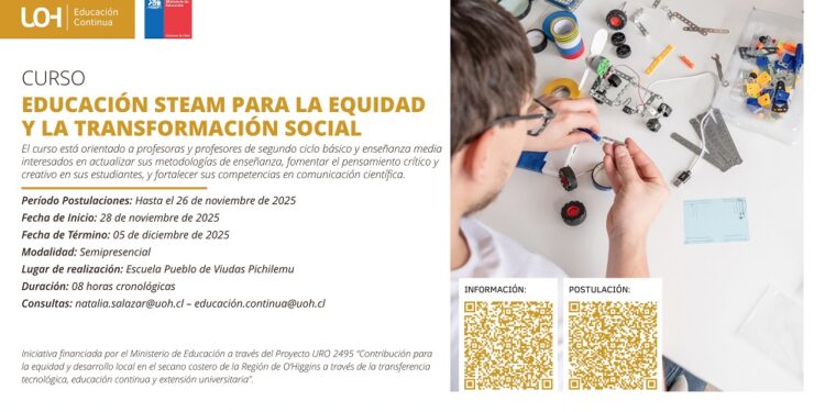 Invitación a docentes de Cardenal Caro para participar en un curso gratuito de Educación STEAM con enfoque en equidad y transformación social.
