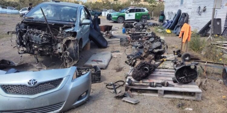 Descubren una desarmaduría clandestina en Tucapel: hallan un auto robado y diversas piezas.