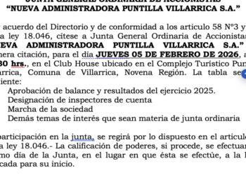 Convocatoria a Junta General Ordinaria de Accionistas de “Nueva Administradora Puntilla Villarrica S.A.”