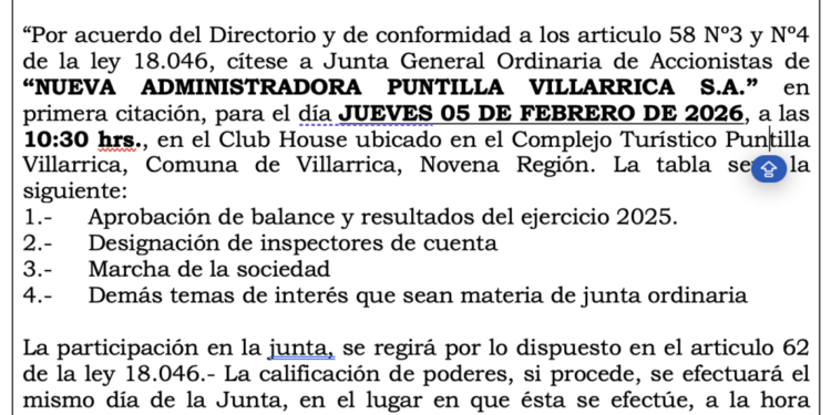 Convocatoria a Junta General Ordinaria de Accionistas de “Nueva Administradora Puntilla Villarrica S.A.”