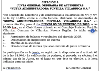 Convocatoria a Junta General Ordinaria de Accionistas de «Nueva Administradora Puntilla Villarrica S.A.»