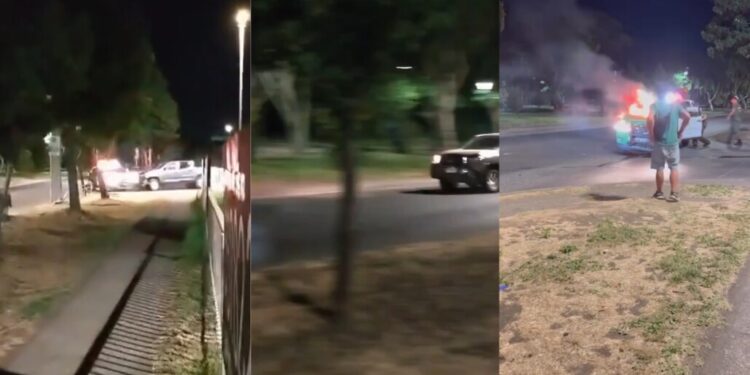 Tiroteo en Los Ángeles concluye con un accidente y una patrulla incendiada tras un intento de asalto a una empresa.