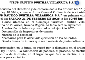 Convocatoria a Junta General Ordinaria de Accionistas del “Club Náutico Puntilla Villarrica S.A.”
