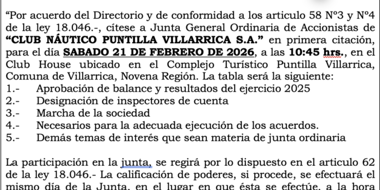 Convocatoria a Junta General Ordinaria de Accionistas del “Club Náutico Puntilla Villarrica S.A.”