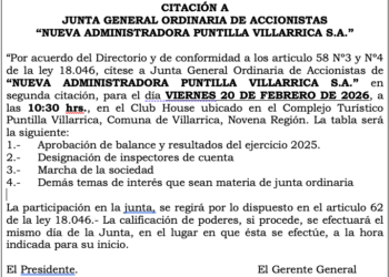 Convocatoria a Junta General Ordinaria de Accionistas de «Nueva Administradora Puntilla Villarrica S.A.»