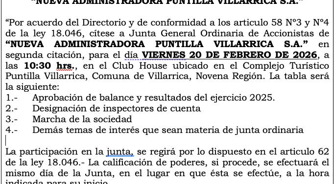 Convocatoria a Junta General Ordinaria de Accionistas de «Nueva Administradora Puntilla Villarrica S.A.»