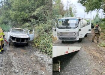 Robo de camión aljibe concluye con un accidente, camioneta incinerada y un tiroteo en Malleco.