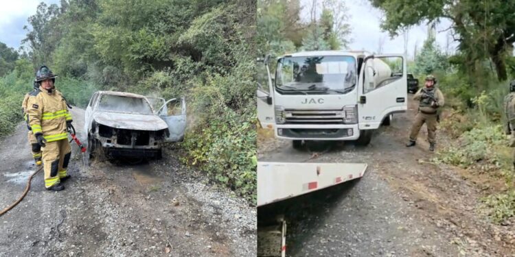 Robo de camión aljibe concluye con un accidente, camioneta incinerada y un tiroteo en Malleco.