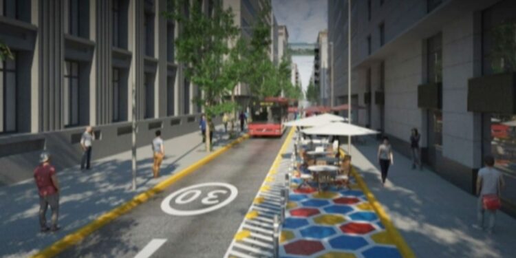 Eje Bandera comienza las obras para transformarse en una vía exclusiva para los buses de la Red de Movilidad en el centro de Santiago.